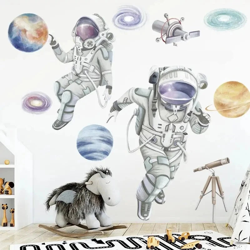 Space Astronaut Wall Stickers for Kids Room Kindergarten Wall Decoration Removable Vinyl PVC Cartoon Wall Decals Home Decor Angels Club