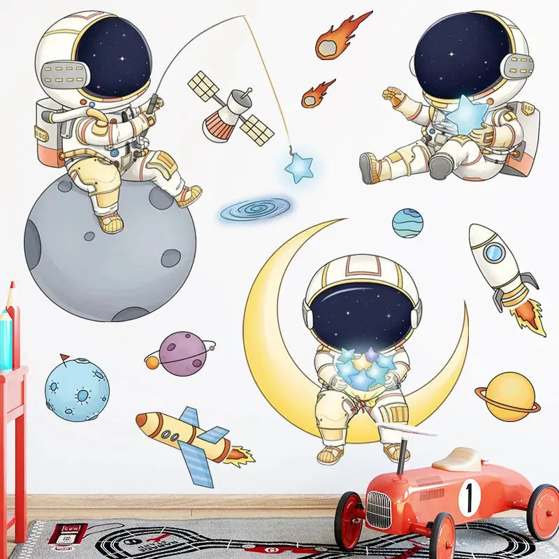 Space Astronaut Wall Stickers for Kids Room Kindergarten Wall Decoration Removable Vinyl PVC Cartoon Wall Decals Home Decor Angels Club