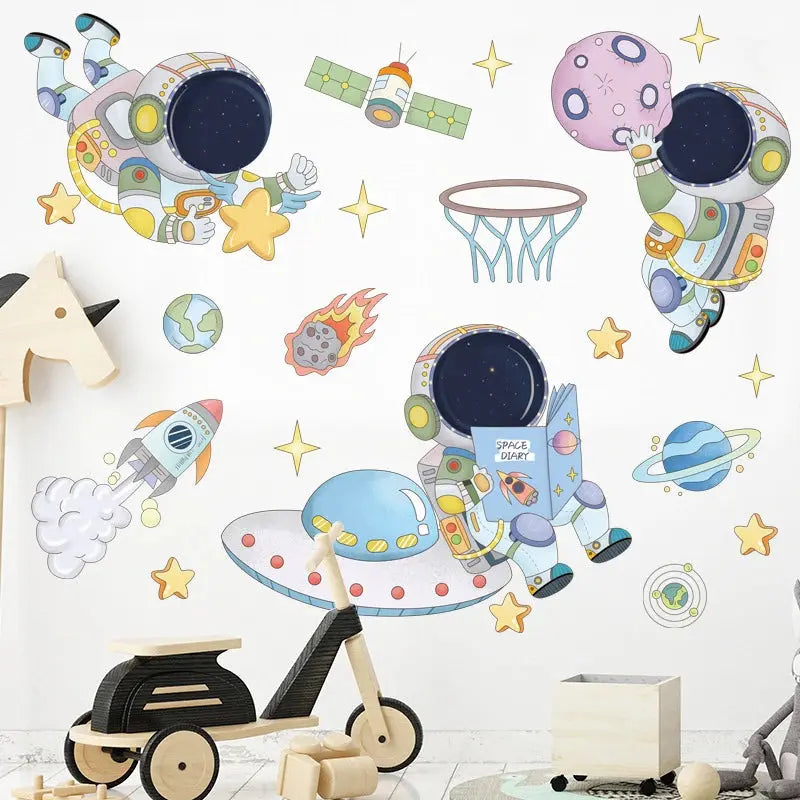 Space Astronaut Wall Stickers for Kids Room Kindergarten Wall Decoration Removable Vinyl PVC Cartoon Wall Decals Home Decor Angels Club