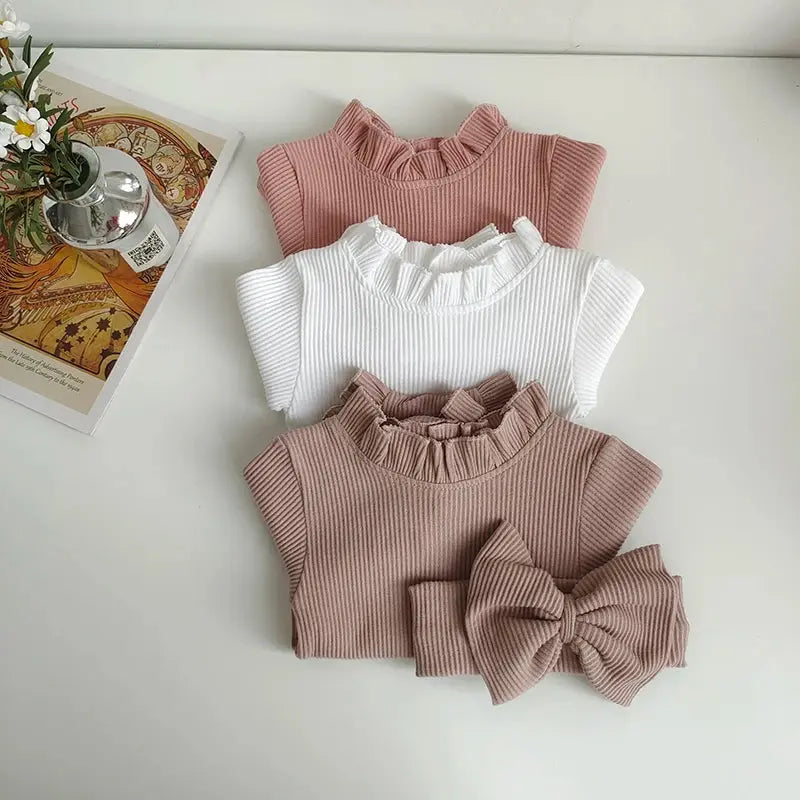 Fashion Toddler Baby Girls Romper Outfits Set Cotton Ribbed Flared Sleeve Jumpsuit + Bow Headband Sweet New Born Infant Clothing Angels Club