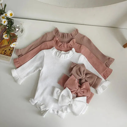 Fashion Toddler Baby Girls Romper Outfits Set Cotton Ribbed Flared Sleeve Jumpsuit + Bow Headband Sweet New Born Infant Clothing Angels Club