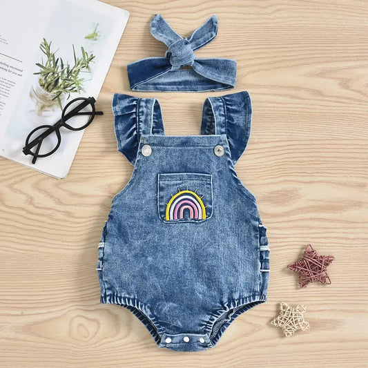 1PCS Fashion Girls' Spring  Summer Denim Bodysuit Set  Carrier  Crawler Set with Hair Decoration for Gift Angels Club