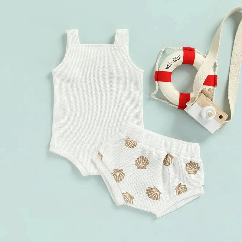 Baby Summer Clothing Sets 0-18M Toddler Infant Boys Girls Shell Print Strap Button Plaid Knitted Bodysuits+Shorts Tracksuits Angels Club