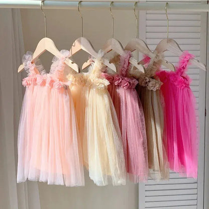 Summer Mesh Tulle Princess Slip Tutu Dresses 3D Flower Mermaid Birthday Dress for Baby Girl Clothes Sleeveless Girl Clothes Angels Club