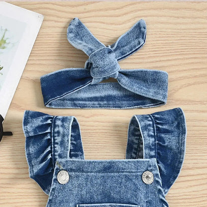 1PCS Fashion Girls' Spring  Summer Denim Bodysuit Set  Carrier  Crawler Set with Hair Decoration for Gift Angels Club