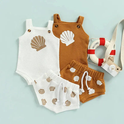 Baby Summer Clothing Sets 0-18M Toddler Infant Boys Girls Shell Print Strap Button Plaid Knitted Bodysuits+Shorts Tracksuits Angels Club