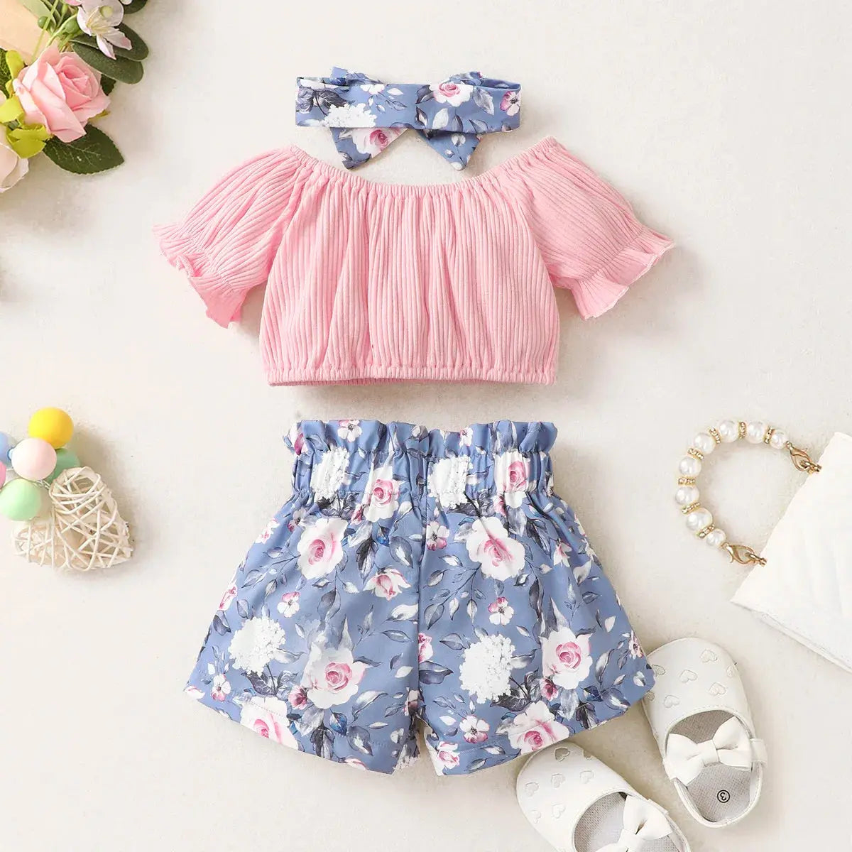 Summer Toddler Baby Girls Clothes Pink Top +Bow Print  Blue Shorts 2Pcs Set Infant Fashion Clothes Outfit Angels Club