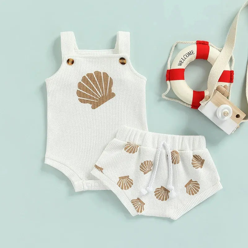 Baby Summer Clothing Sets 0-18M Toddler Infant Boys Girls Shell Print Strap Button Plaid Knitted Bodysuits+Shorts Tracksuits Angels Club