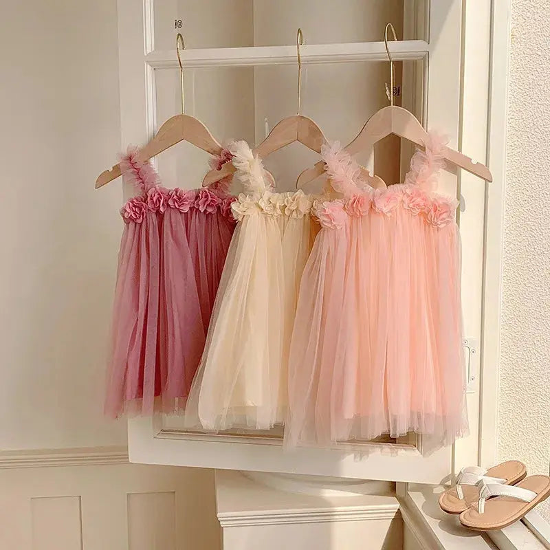 Summer Mesh Tulle Princess Slip Tutu Dresses 3D Flower Mermaid Birthday Dress for Baby Girl Clothes Sleeveless Girl Clothes Angels Club